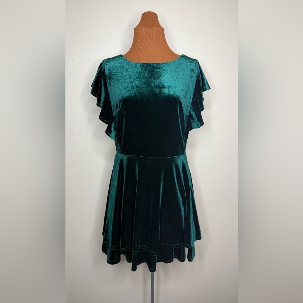 Midnight Doll Flutter Sleeve Green Velvet Double-Hem Fit & Flare Dress Sz Large